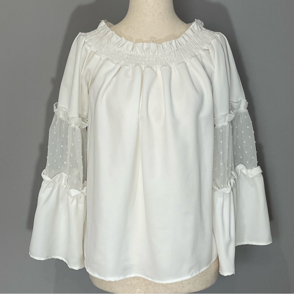 Blue Rain Blouse Size M White Long Flaired Sleeved Swiss Dot Smocked Neckline